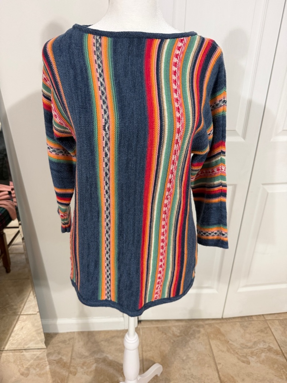 Chaps Petite Navy Sweater with Multicolor Stripes
